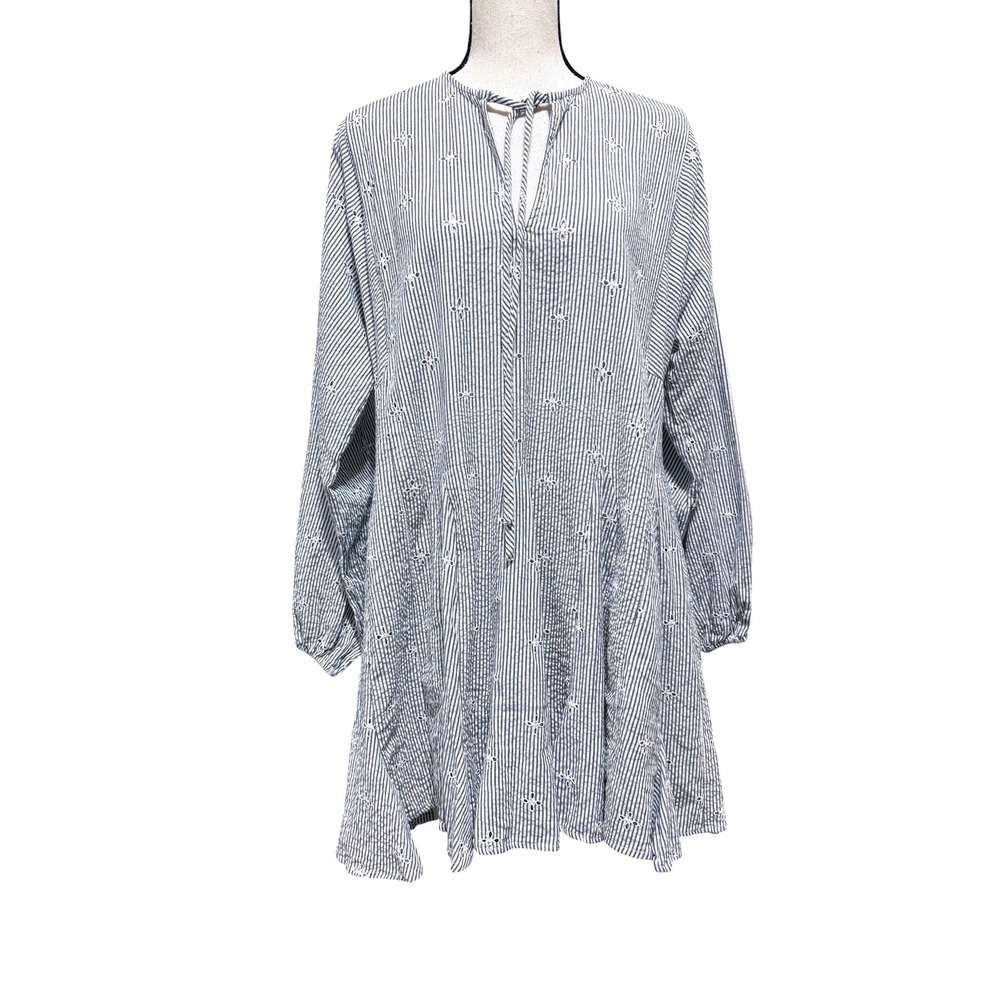 ASOS Design Blue White Striped Seersucker Eyelet Mini Dress Long Sleeve Sz 4 - Picture 2 of 10
